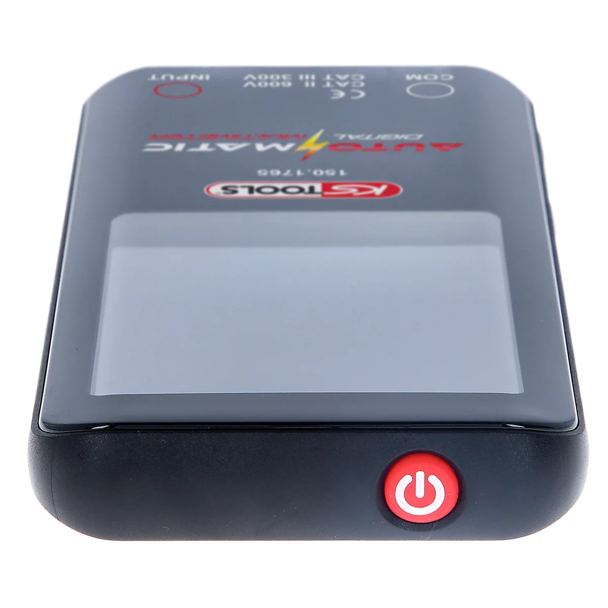 Schwarzes digitales Multimeter mit rotem Power-Knopf und grauem Display. Text: AUTO-MATIC, KS TOOLS.